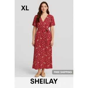 SHEILAY Red Floral Maxi Dress XL Wrap Style Waist Tie Boho Chic Festival Fash‎